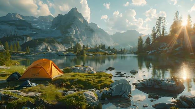 Beautiful campsite. Warm sunlight shine through the mountains onto green field. The lake and tranquil valley are visible in the background. We will experience an adventure amidst the beauty of nature.