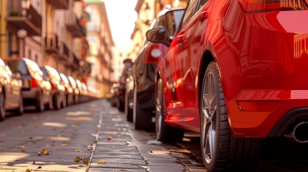 A line of cars parked on a city street, low angle view. AI generated