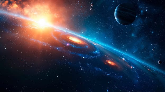 Universe with suns, planets, stars and Milky Ways projection, dark blue light. AI generated