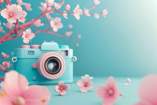 Beautiful composition of cool camera and blossoming cherry flowers. AI generated