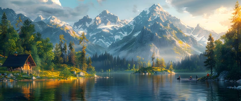 Beautiful campsite. Warm sunlight shine through the mountains onto green field. The lake and tranquil valley are visible in the background. We will experience an adventure amidst the beauty of nature.