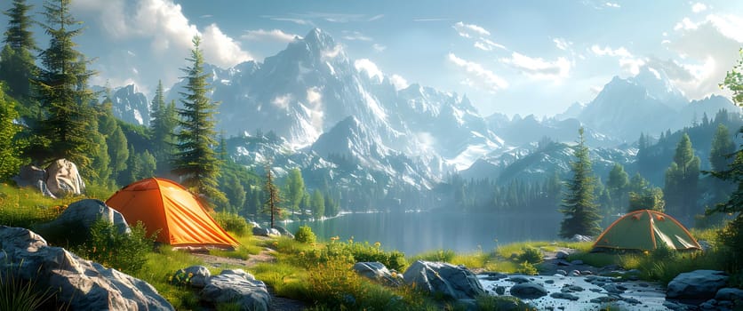 Beautiful campsite. Warm sunlight shine through the mountains onto green field. The lake and tranquil valley are visible in the background. We will experience an adventure amidst the beauty of nature.