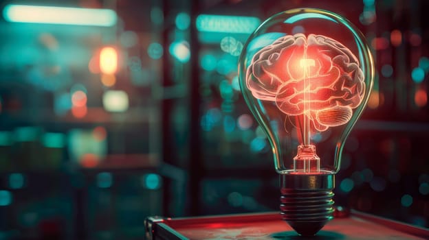 Virtual brain inside light bulb on a laboratory background. Lightbulb brainstorming creative idea. AI generated