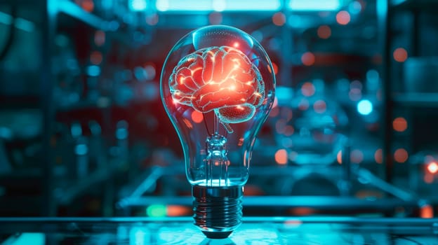 Virtual brain inside light bulb on a laboratory background, business idea concept. AI generated