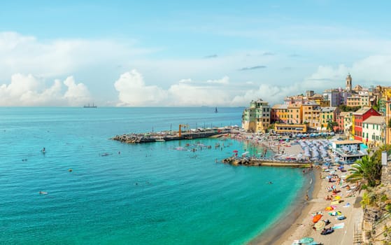 View of Bogliasco. Bogliasco is a ancient fishing village in Italy, Genoa, Liguria. Mediterranean Sea, sandy beach and architecture of Bogliasco town