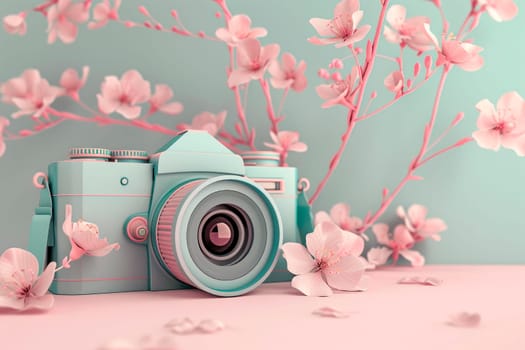 Beautiful composition of cool camera and blossoming sakura flowers. AI generated