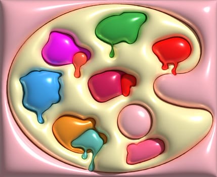 Oval palette with paints on a pink background, 3D rendering illustration