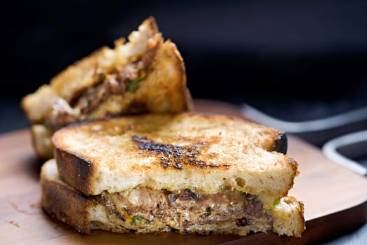 close up of a steak sandwich