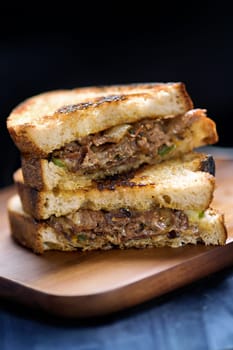 close up of a steak sandwich