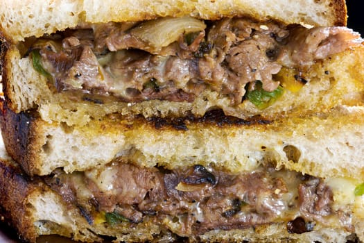 close up of a steak sandwich
