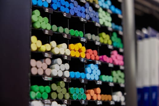 Colorful chalk crayons kit on rack display for sale in stationery shop. Multicolored bright pencils accessory on shelf of art store