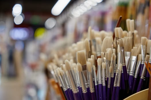 Selective focus with paints brush for drawing at stationery shop. Artistic paintbrushes assortment for artist, creative studio and art class