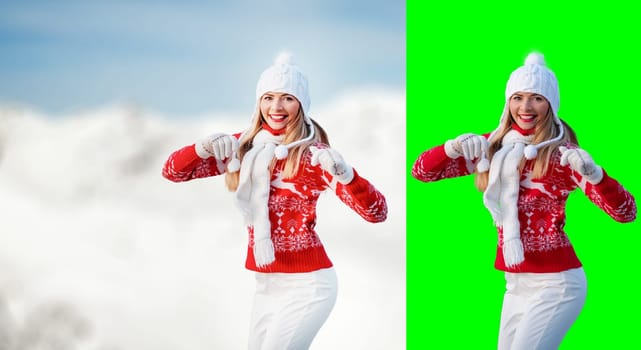 Young woman wear red winter pullover, white hat, smiling, hands in air, blurred snow country background, free space for text left side, isolated selection on green background included