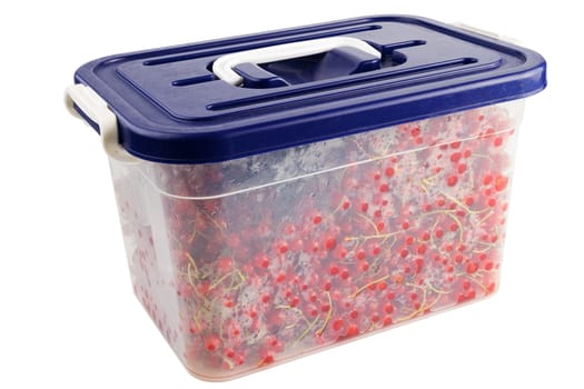 plastic container with red currants isolated on white background.