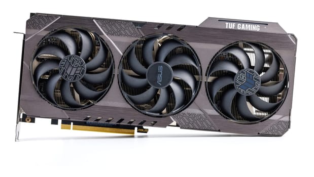 NVIDIA RTX 3060 OC 12g TUF Gaming graphics card on white background. Tula, Russia - July 26, 2022