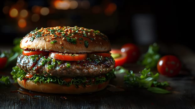Hamburger illustration for advertising, dark background to highlight the hamburger. Professional lighting makes the meat look so juicy and delicious. There is additional space for copying text.
