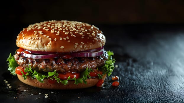 Hamburger illustration for advertising, dark background to highlight the hamburger. Professional lighting makes the meat look so juicy and delicious. There is additional space for copying text.