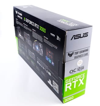 cardboard box of NVIDIA RTX 3060 OC 12g TUF gaming graphics card on white background. Tula, Russia - July 26, 2022