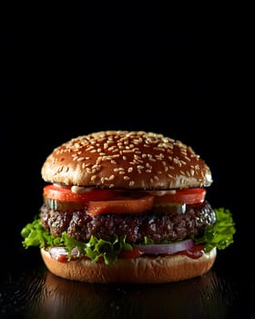 Hamburger illustration for advertising, dark background to highlight the hamburger. Professional lighting makes the meat look so juicy and delicious. There is additional space for copying text.