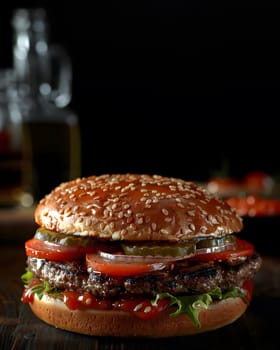 Hamburger illustration for advertising, dark background to highlight the hamburger. Professional lighting makes the meat look so juicy and delicious. There is additional space for copying text.