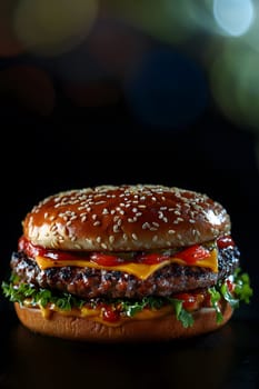 Hamburger illustration for advertising, dark background to highlight the hamburger. Professional lighting makes the meat look so juicy and delicious. There is additional space for copying text.