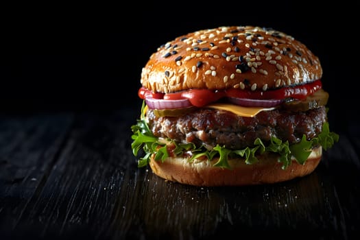 Hamburger illustration for advertising, dark background to highlight the hamburger. Professional lighting makes the meat look so juicy and delicious. There is additional space for copying text.