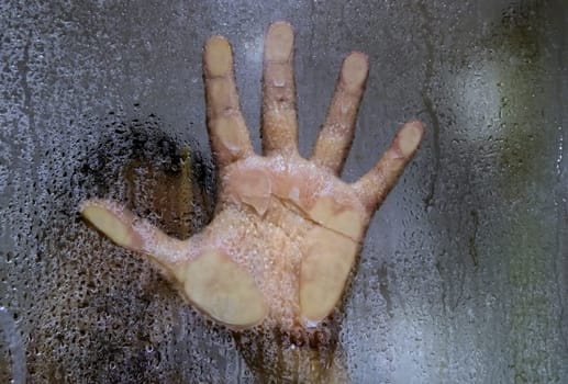 Detail of hand on the glass of a shower screen, hygiene