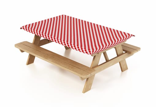 Wooden picnic table isolated on white background. 3D illustration.