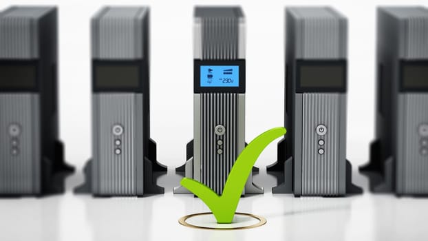 Uninterruptible power supply UPS with green checkmark stands out. 3D illustration.