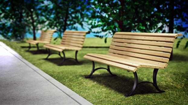 Wooden park benches in arow inside a park. 3D illustration.