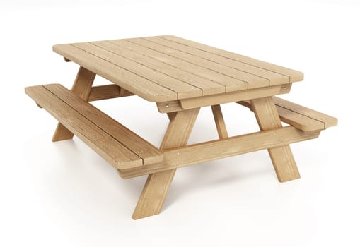 Wooden picnic table isolated on white background. 3D illustration.