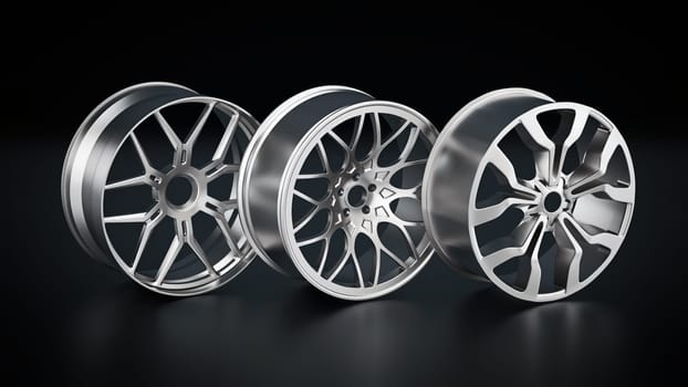 Steel rims on black background. 3D illustration.