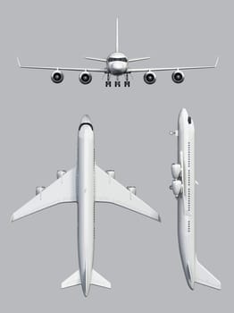 Front, top and side views of a modern passenger airplane isolated on gray background. 3D illustration.