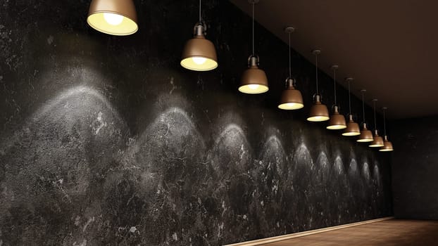 Blank black wall lit by ceiling lamps. 3D illustration.