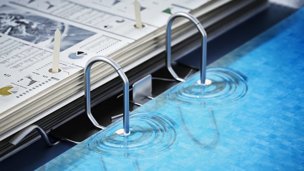 Document folder mechanism illustrated as swimming pool ladder. Business and vacations concept. 3D illustration.