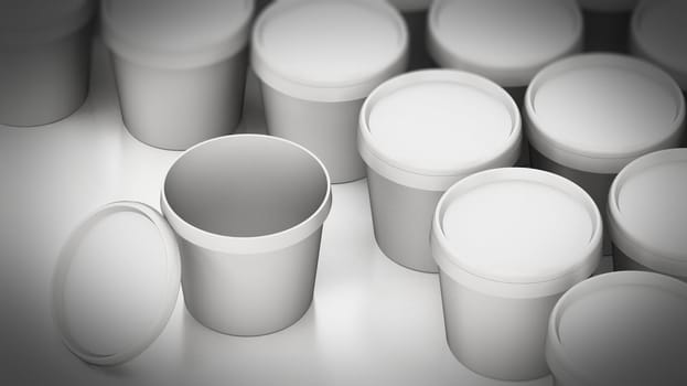 White paint cans with one can with open lid isolated on white background. 3D illustration.