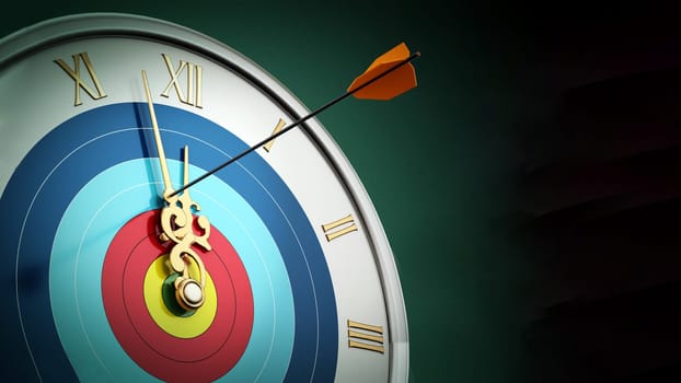 Arrow hit at clock hand stopping the time. 3D illustration.