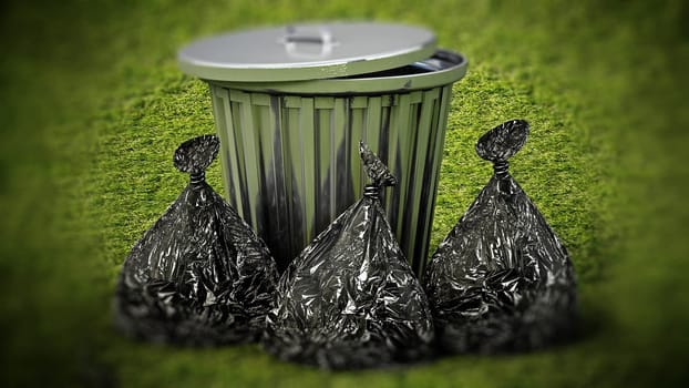 Garbage bags around the metal trashcan. 3D illustration.