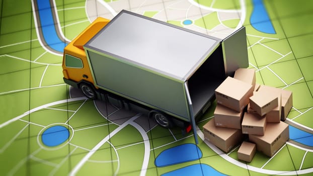Transport van with cargo boxes standing on GPS map. 3D illustration.