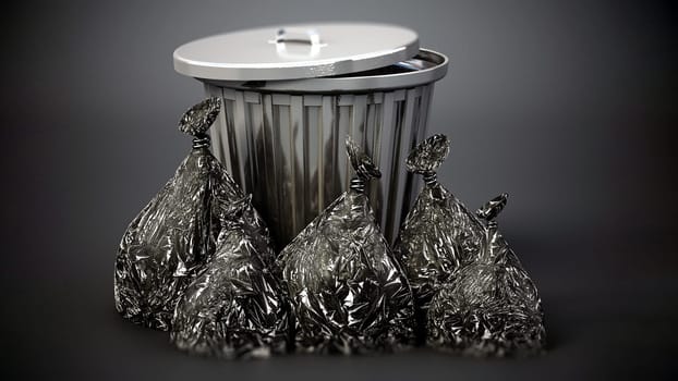 Garbage bags around the metal trashcan. 3D illustration.
