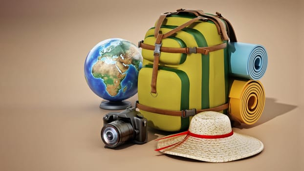 Traveller's backpack, hat, globe, camera and sleeping mats. 3D illustration.