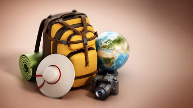 Traveller's backpack, hat, globe, camera and sleeping mats. 3D illustration.