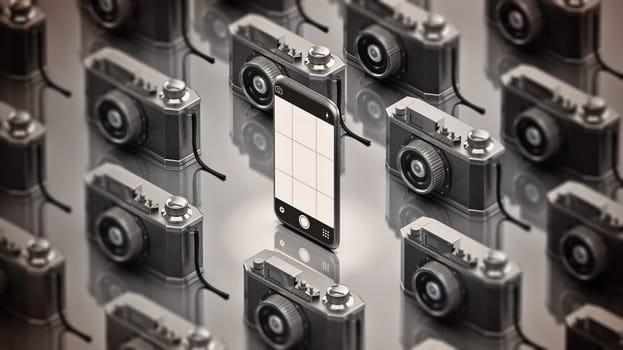 Smartphone stands out among vintage analogue SLR cameras. 3D illustration.