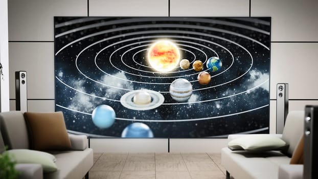 Big screen 8K tv hanging on the wall of a modern room. 3D illustration..