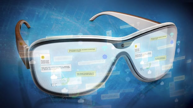 Virtual reality of augmented reality glasses on blue background. 3D illustration.