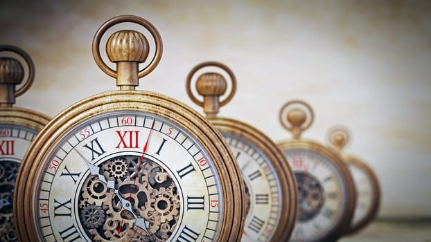 Antique pocket watches on vintage background. 3D illustration.