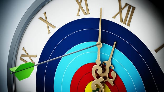 Arrow hit at clock hand stopping the time. 3D illustration.