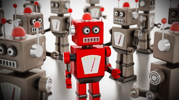 Red vintage robot stands out among gray standard robots. 3D illustration.