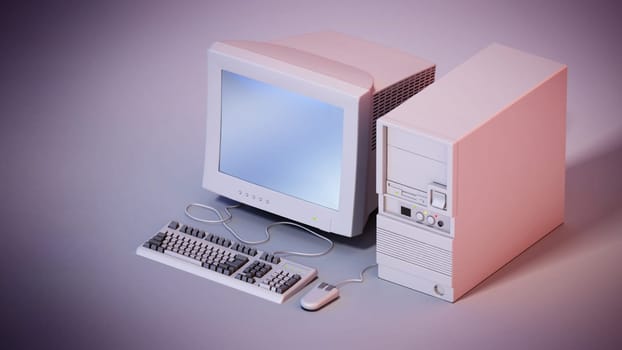Vintage PC standing on gray background. 3D illustration.