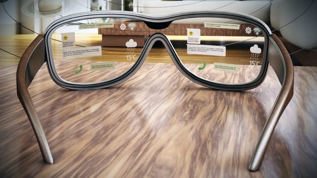 Augmented reality glasses and solar system planets in the room. 3D illustration.